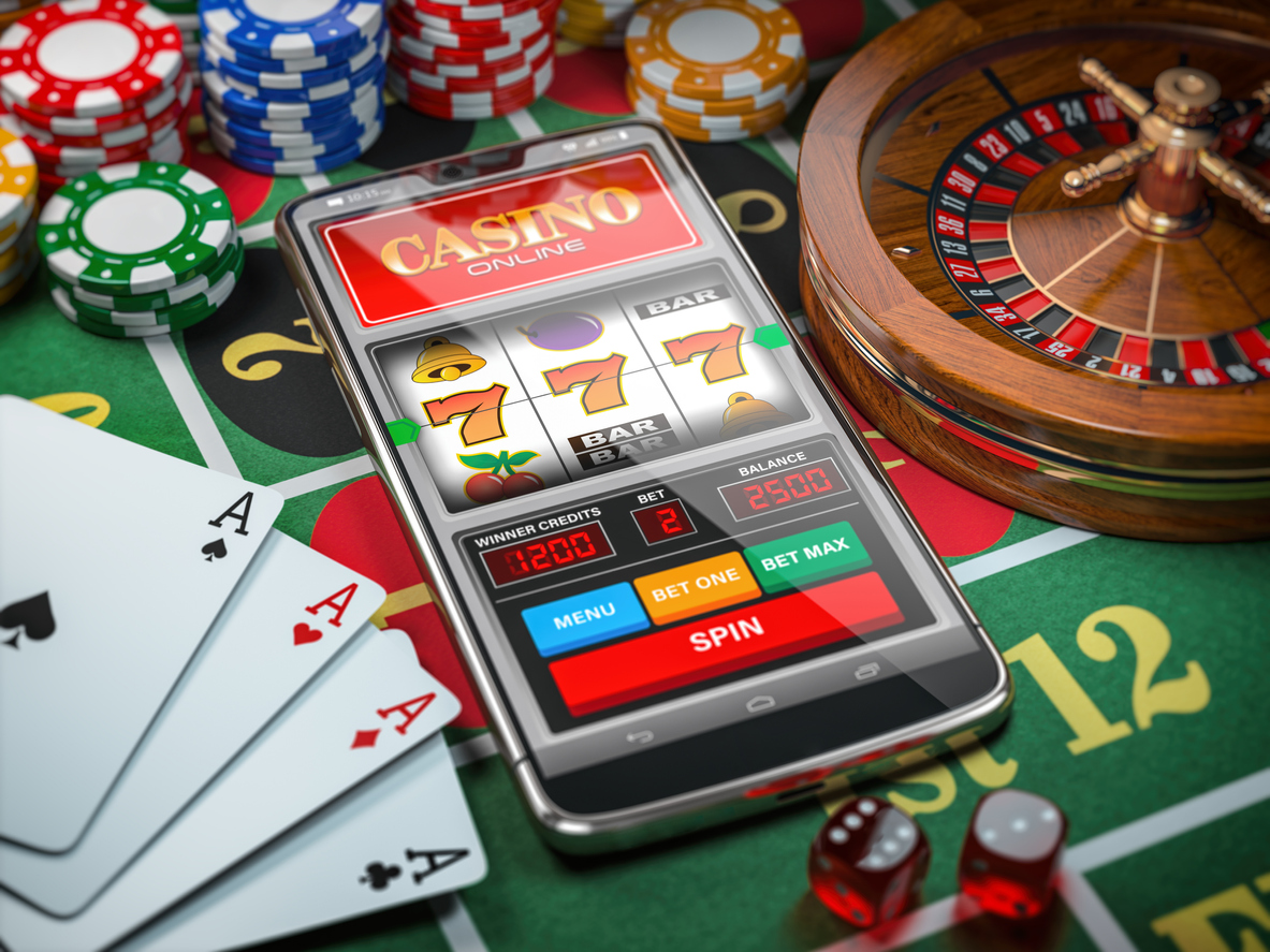 Online casino, banner with podium with smartphone, casino slot machine,  Casino Roulette and poker chips in dark scene with neon rhombus frames and  hologram of digital rings 5525136 Vector Art at Vecteezy